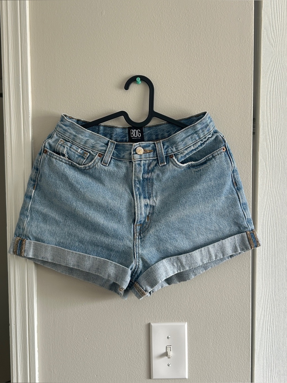 BDG Light Blue High-Rise Rolled Hem Denim Shorts